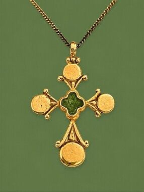 ALVA MUSEUM Greek Stylized Green Enamel Cross Pendant Necklace